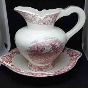 Vintage Art Mark  Arco Red Japan Pastoral Scene Mini Pitcher And Plate